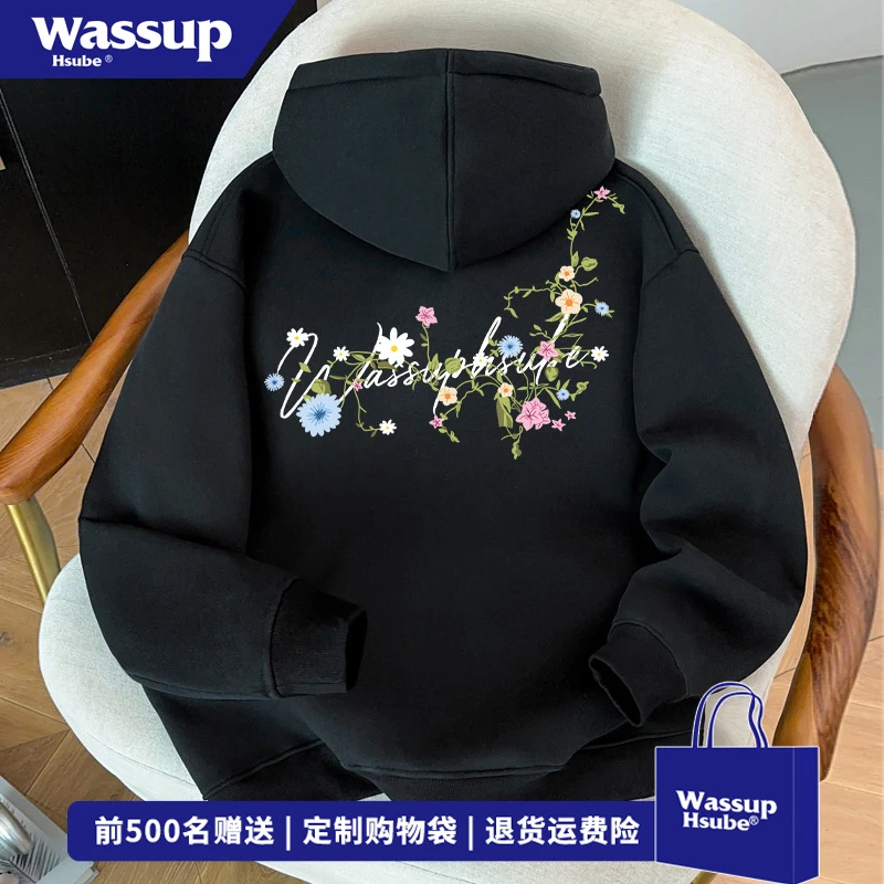 WASSUP HSUBE秋冬季百搭情侣装外套趣味花卉印花连帽开衫卫衣男女