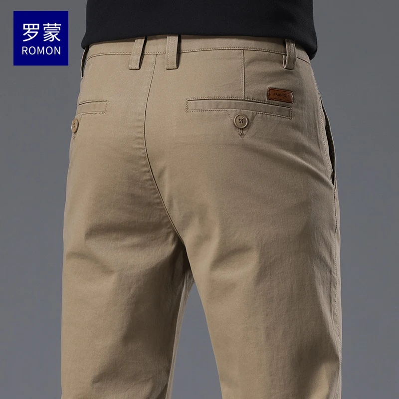 罗蒙2025新款卡其色纯棉休闲裤男士直筒修身秋冬季商务弹力长裤子