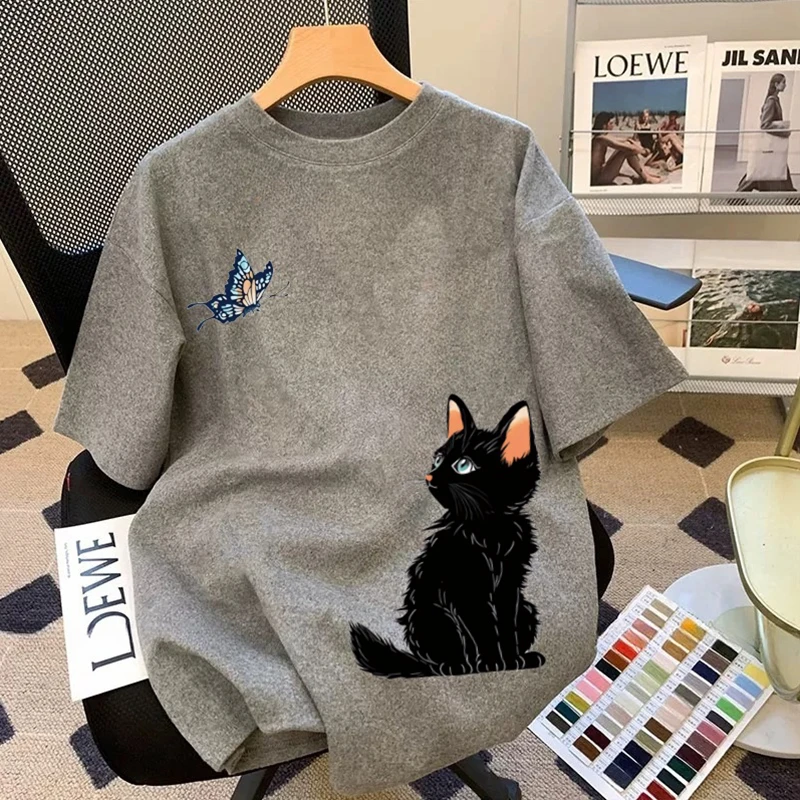 240斤大码卡通减龄磨毛短袖打底衫女早春秋胖妹妹宽松百搭T恤上衣