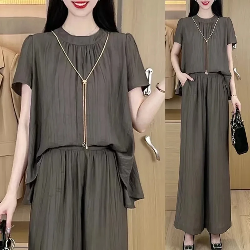 2025夏季新款宽松显瘦设计感短袖上衣阔腿裤两件套女时尚气质套装