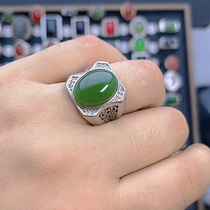 和田玉碧玉菠菜绿蛋面S925银重工男戒戒指多样性发货