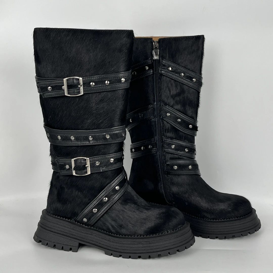 【2025爆品单款上新】S25-1女士马皮马毛酷飒绑带暗黑风长筒靴