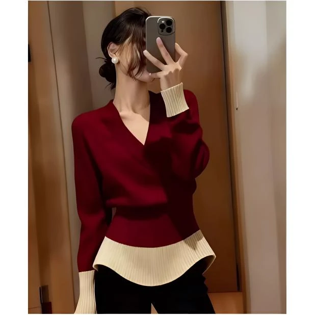 韩系高级感撞色拼接v领毛衣女秋冬设计感收腰显瘦内搭打底针织衫