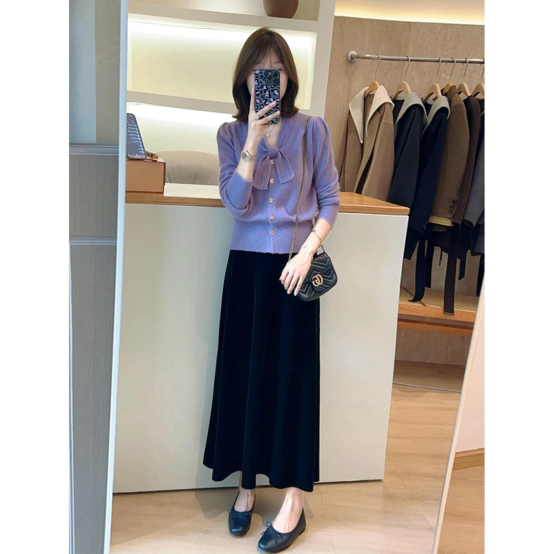 巨好看的秋装一整套韩系高级感小香风紫色针织衫半身裙两件套装女