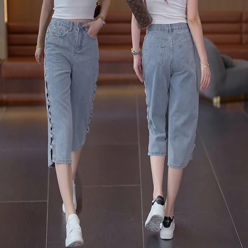 夏季镂空小个子洋气阔腿裤设计感侧边直筒裤七分裤简约牛仔裤女