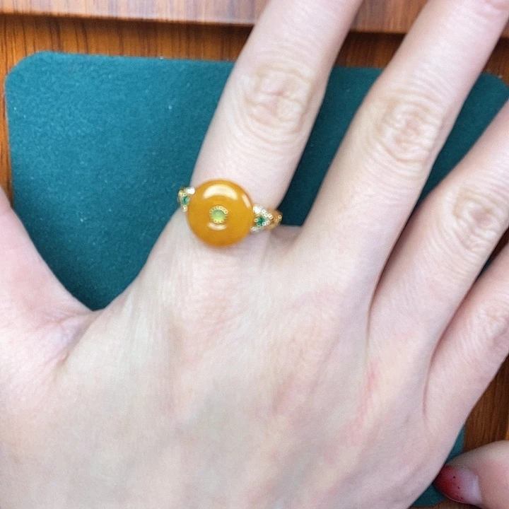 蜜蜡戒指银S925镶嵌戒指