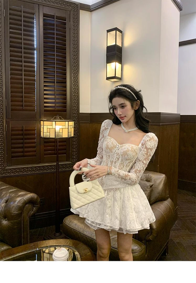 【自在风雅】春季新款高级感ins法式气质女神白色蕾丝方领连衣裙女