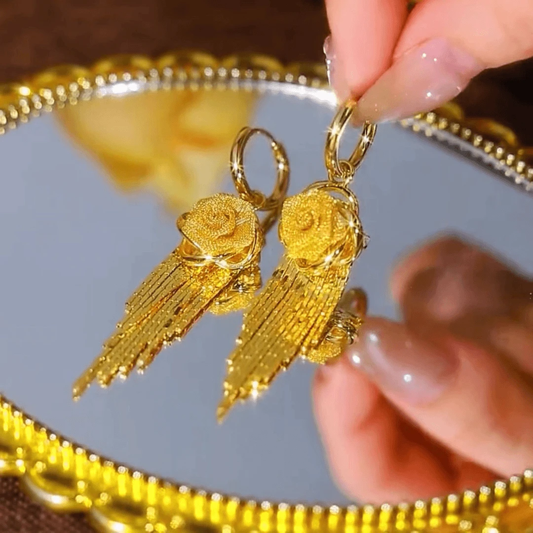 铜合金锆石耳饰 玫瑰花流苏耳环垂坠感超仙耳扣时尚气质防丢耳坠