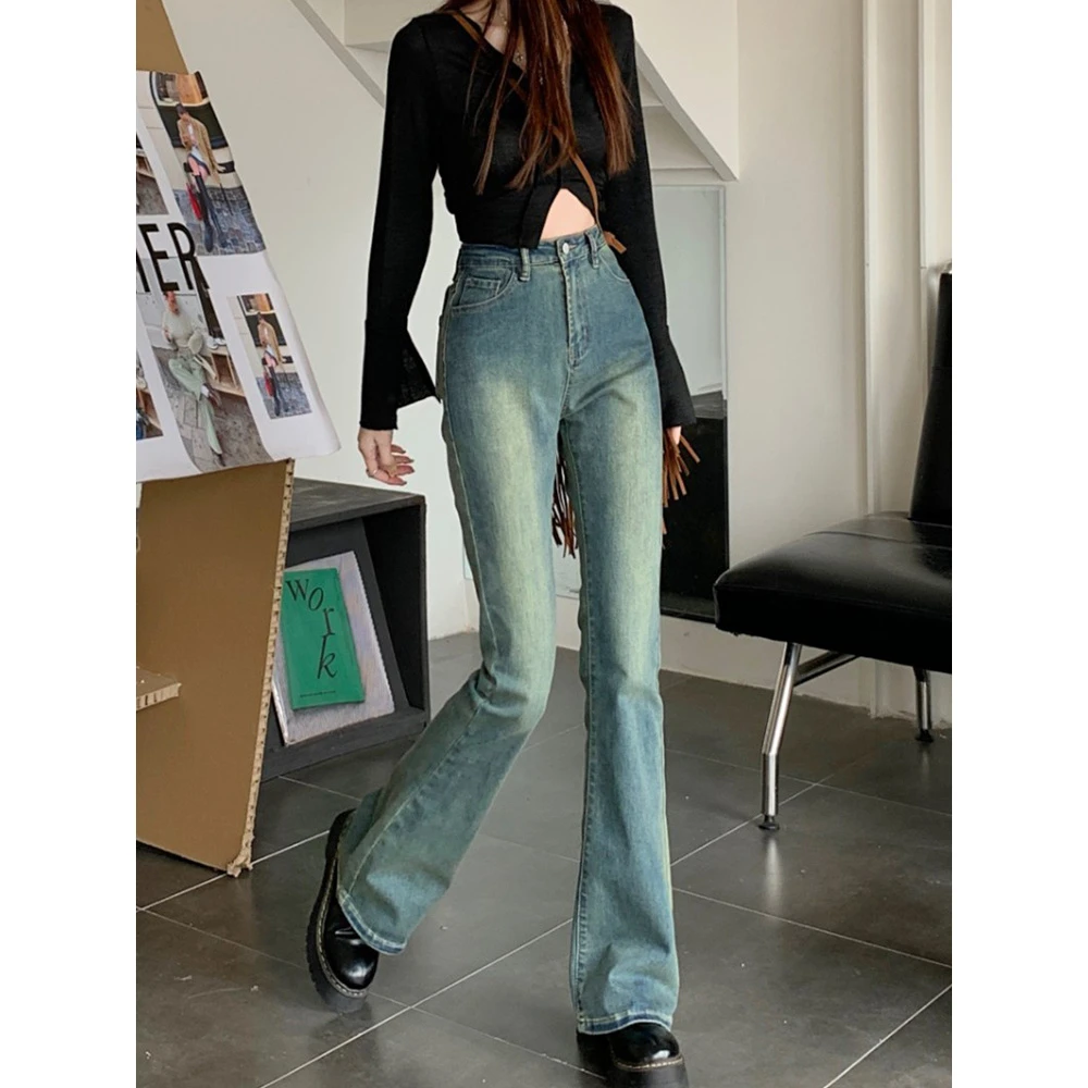 美式复古蓝微喇牛仔裤女大码春季新款胖mm高腰修身显瘦直筒拖地裤