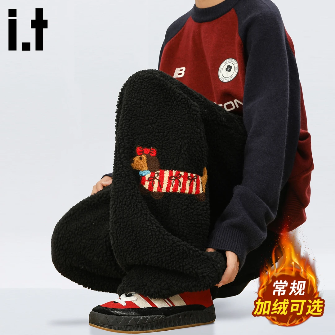 it: CHOCOOLATE潮牌刺绣羊羔毛裤子男款冬季加厚保暖休闲防寒棉裤