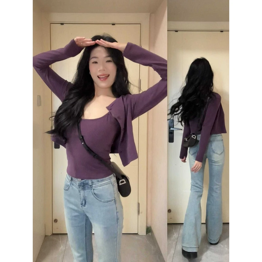 温婉大方女装开春衣服紫色开衫外套内搭吊带背心春游出行穿搭套装