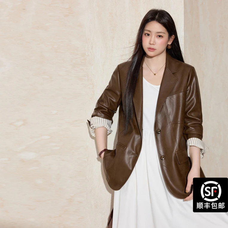 蓝语大码女装咖色拼接设计西装皮衣外套2025秋季连衣裙套装18220