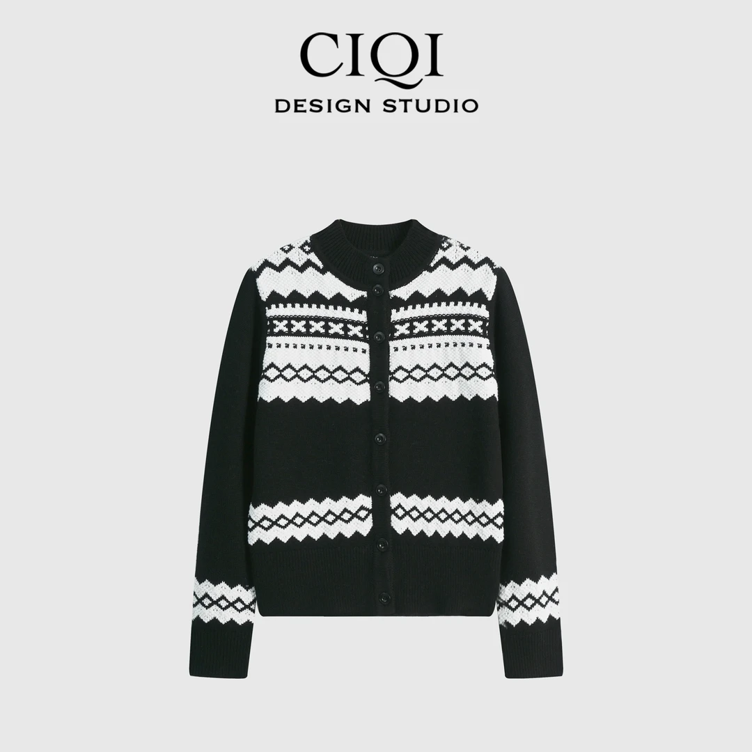 CIQI STUDIO【冰岛礼物】黑白配色羊毛提花修身时尚针织衫DY251088