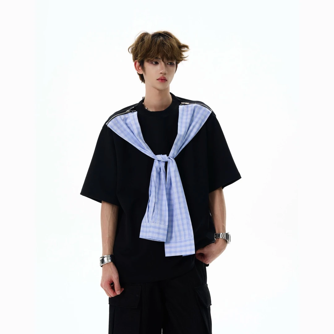 CleanlyGirl 撞色假两件可拆卸格子披肩T恤设计感潮牌短袖上衣