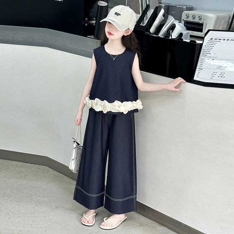 女童牛仔套装夏款2025新款女大童洋气薄款无袖背心阔腿裤两件套潮