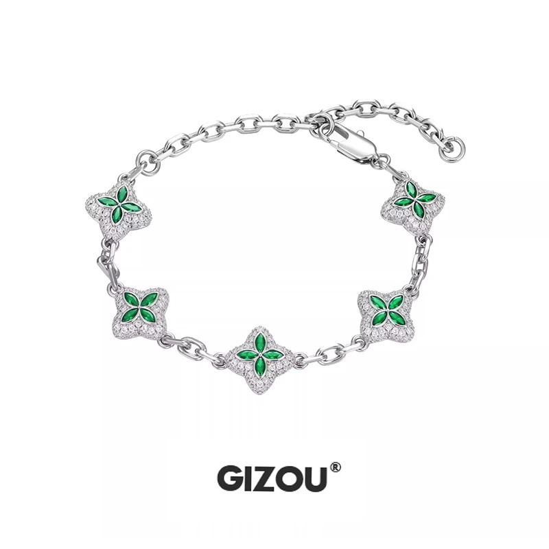 铜合金锆石手链 GIZOU极昼满钻四叶草手链璀璨幸运满镶钻嘻哈手链