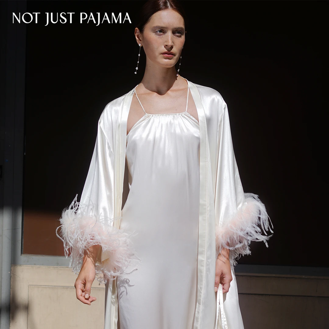 Not Just Pajama婚礼系列 重磅真丝羽毛长款晨袍婚礼新娘晨袍礼服