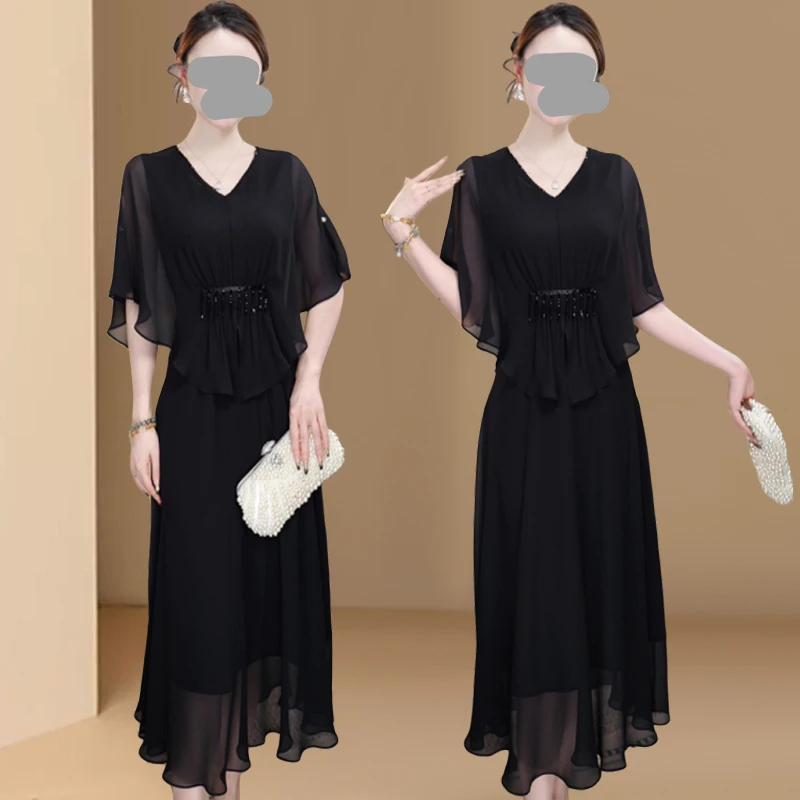 黑色假两件连衣裙女2025夏季新款妈妈装遮肚子洋气减龄中长款裙子