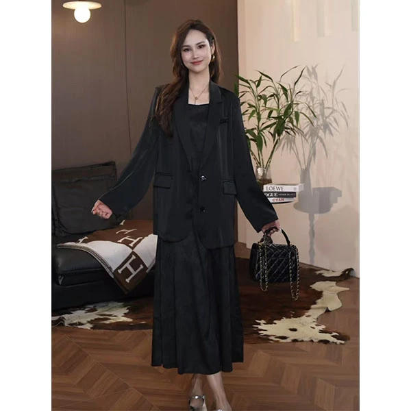 【YINGZI】2025年新款气质西装套装显瘦时尚休闲黑色中长款设计师款