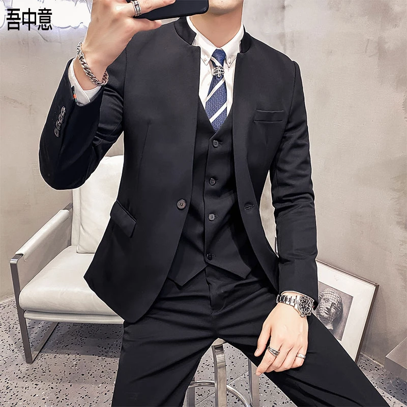 新中式立领西服男套装韩版修身商务休闲时尚百搭高级感西装三件套