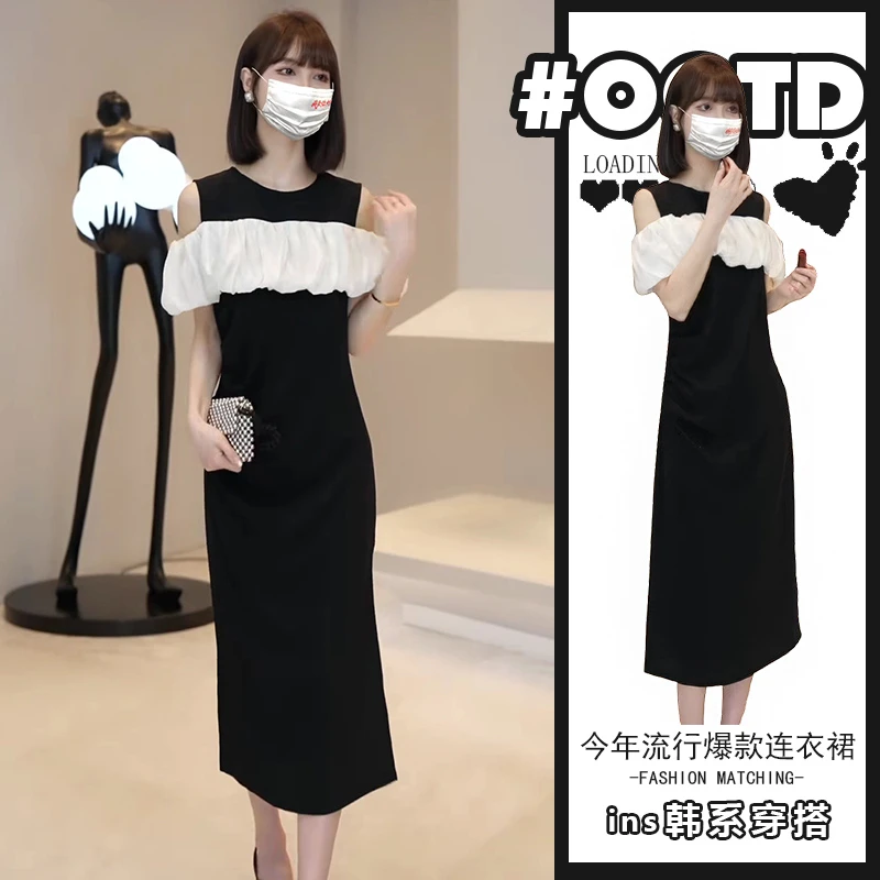 设计感别致气质显瘦连衣裙女2025夏季新款辣妹撞色拼接露肩中长裙