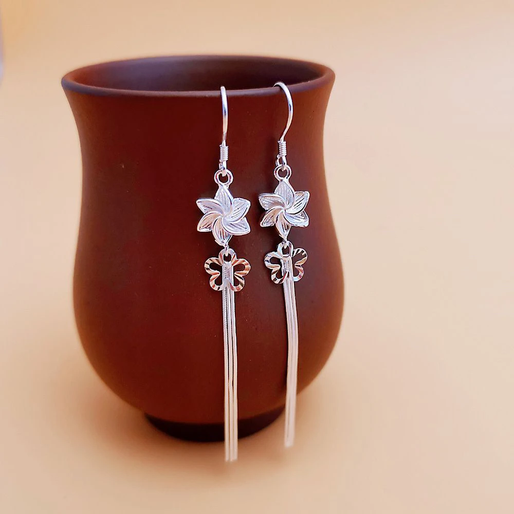 足银耳饰 足银精工拉丝百合防丢耳线