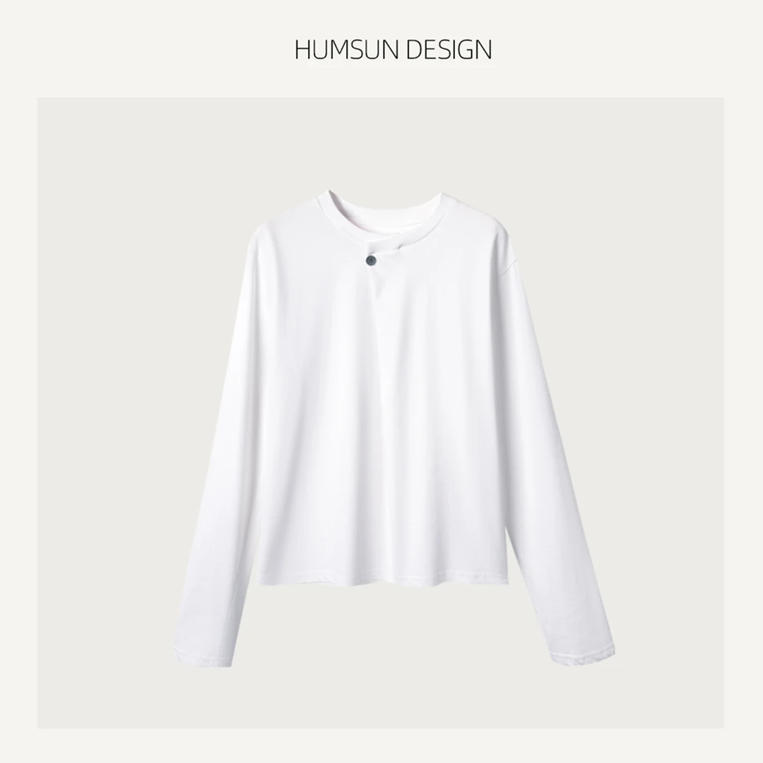 HUMSUN/禾木笙「露夏」立体一颗扣设计拥柔质感纯色长袖T恤 5A299