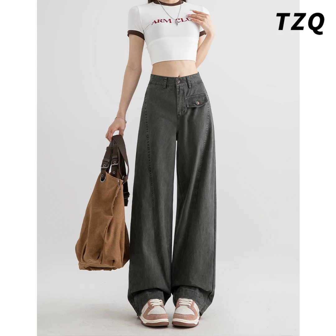 美式高腰工装牛仔裤女爆款2025新款显瘦百搭阔腿弯刀裤TZQ2521833