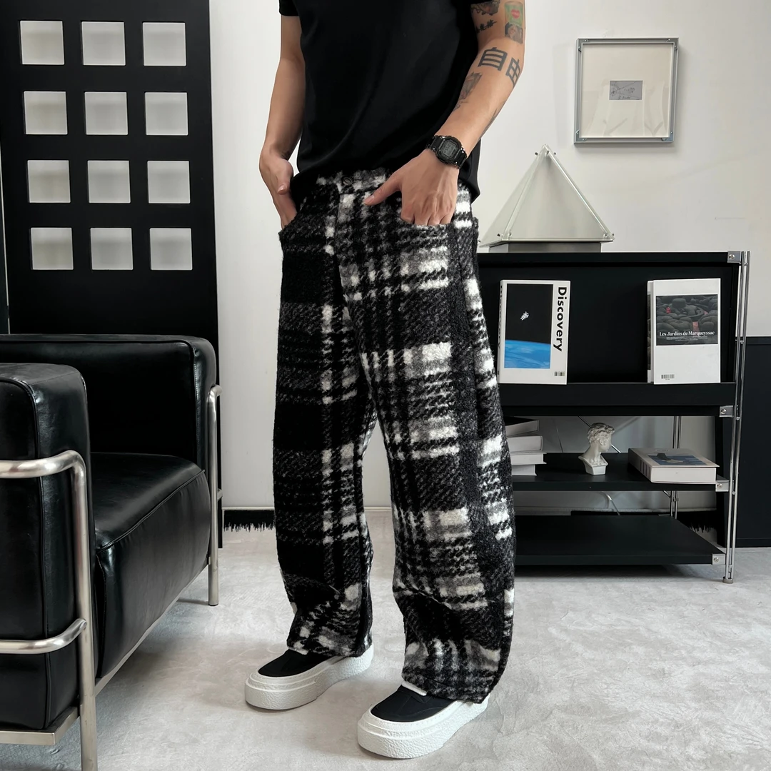 慵懒风黑白毛呢格子裤男加厚保暖休闲裤弯刀裤宽松阔腿裤秋冬款