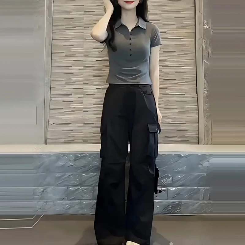 韩版简约通勤套装显瘦短袖POLO领上衣女夏季薄款高腰修身工装裤子