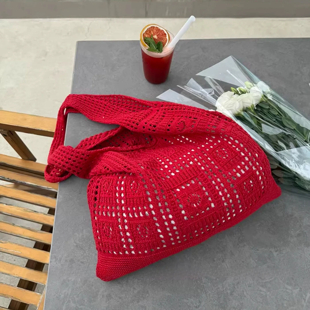 安金美儿2025新款高颜值针织单肩包包复古网眼镂空简约编织包包