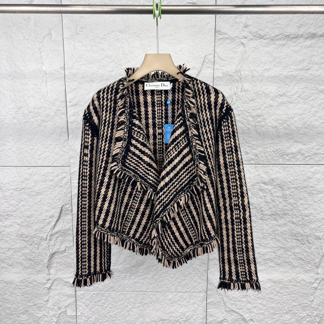 99新 DIOR/迪奥 40码/黑棕色格纹山羊绒开衫外套/12977959