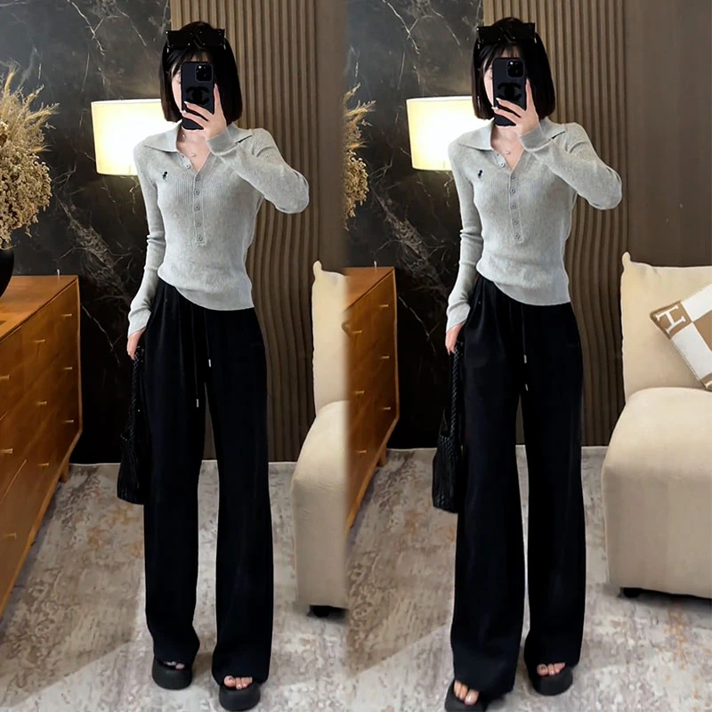 2025秋季新款设计感百搭时尚气质polo领长袖上衣女休闲裤两件套装