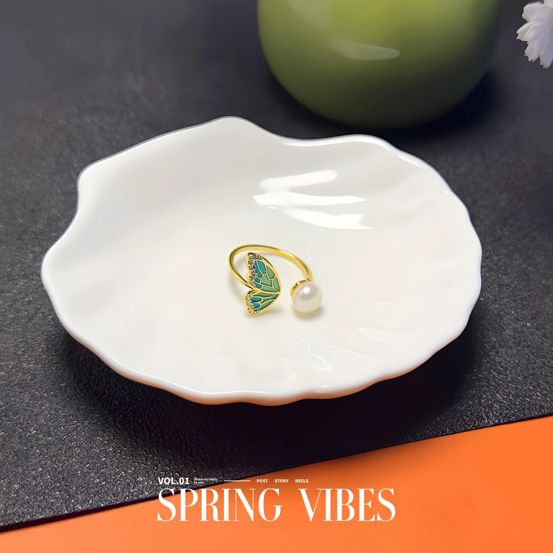 天然淡水珍珠戒指- DSN设计师款高级复古绿色蝴蝶戒指（3016）