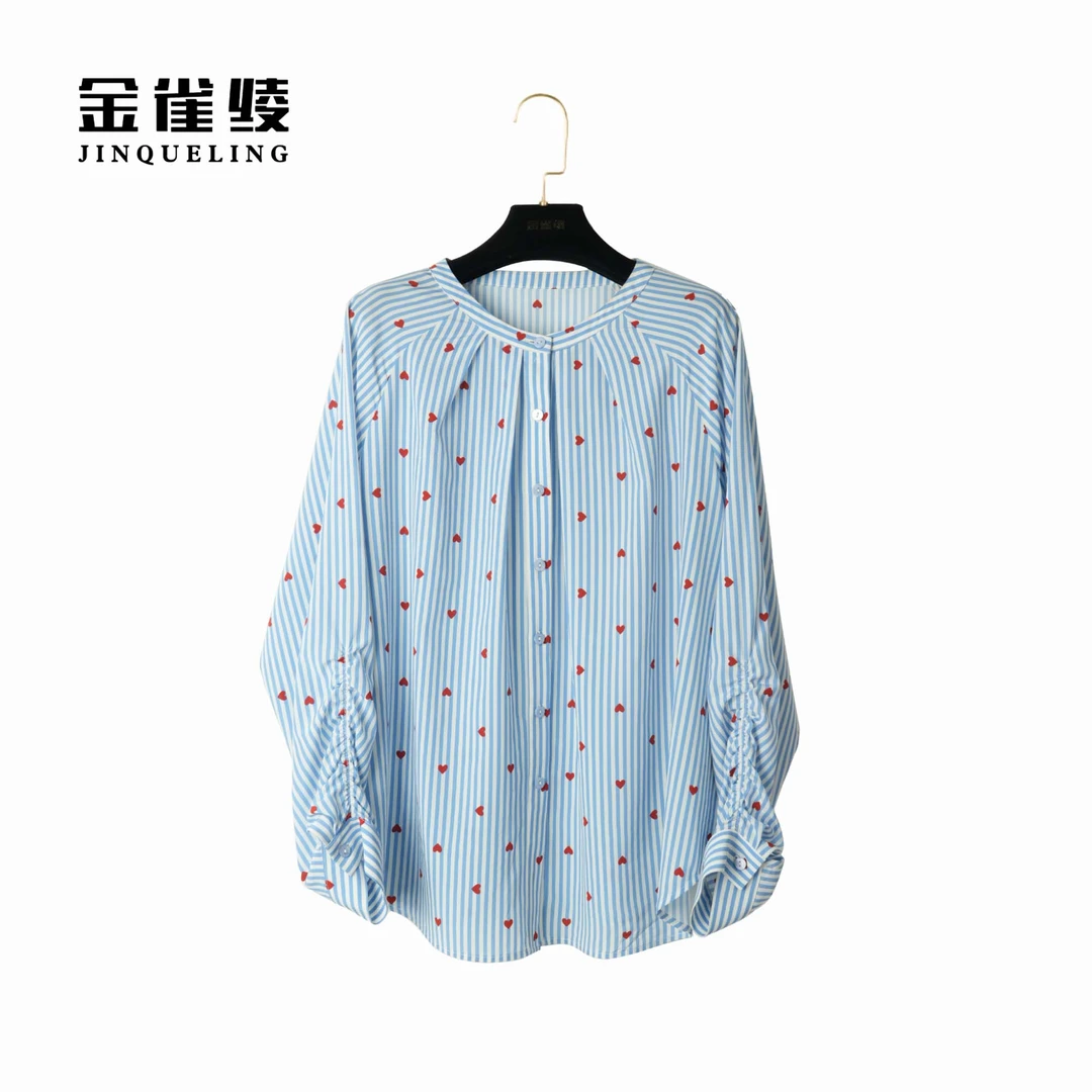 金雀绫【多巴胺】桑蚕丝春季条纹印花时尚宽松设计感衬衫B23144