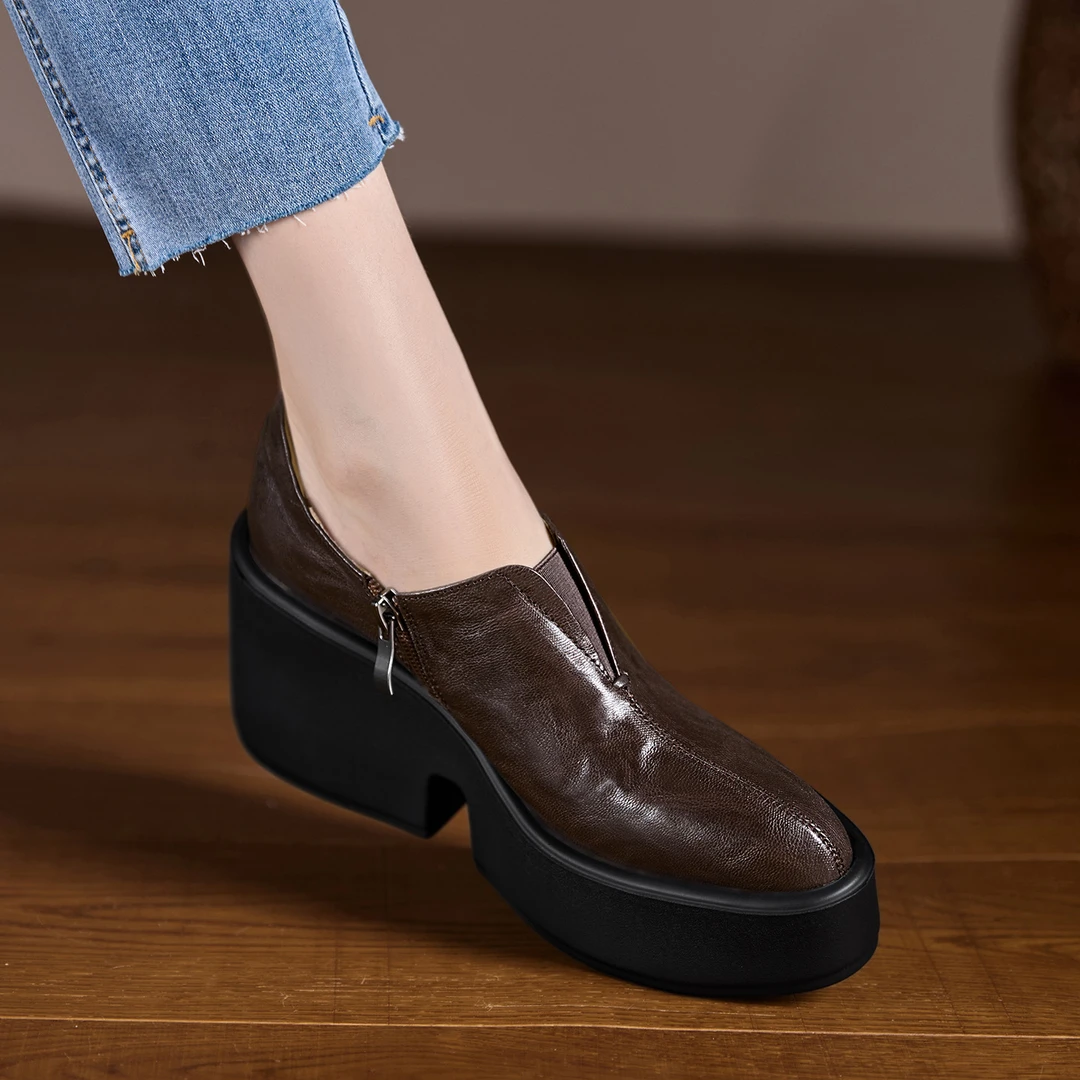 小个子久穿不累脚厚底增高坡跟鞋侧拉链手抓羊皮深口单鞋高跟鞋女