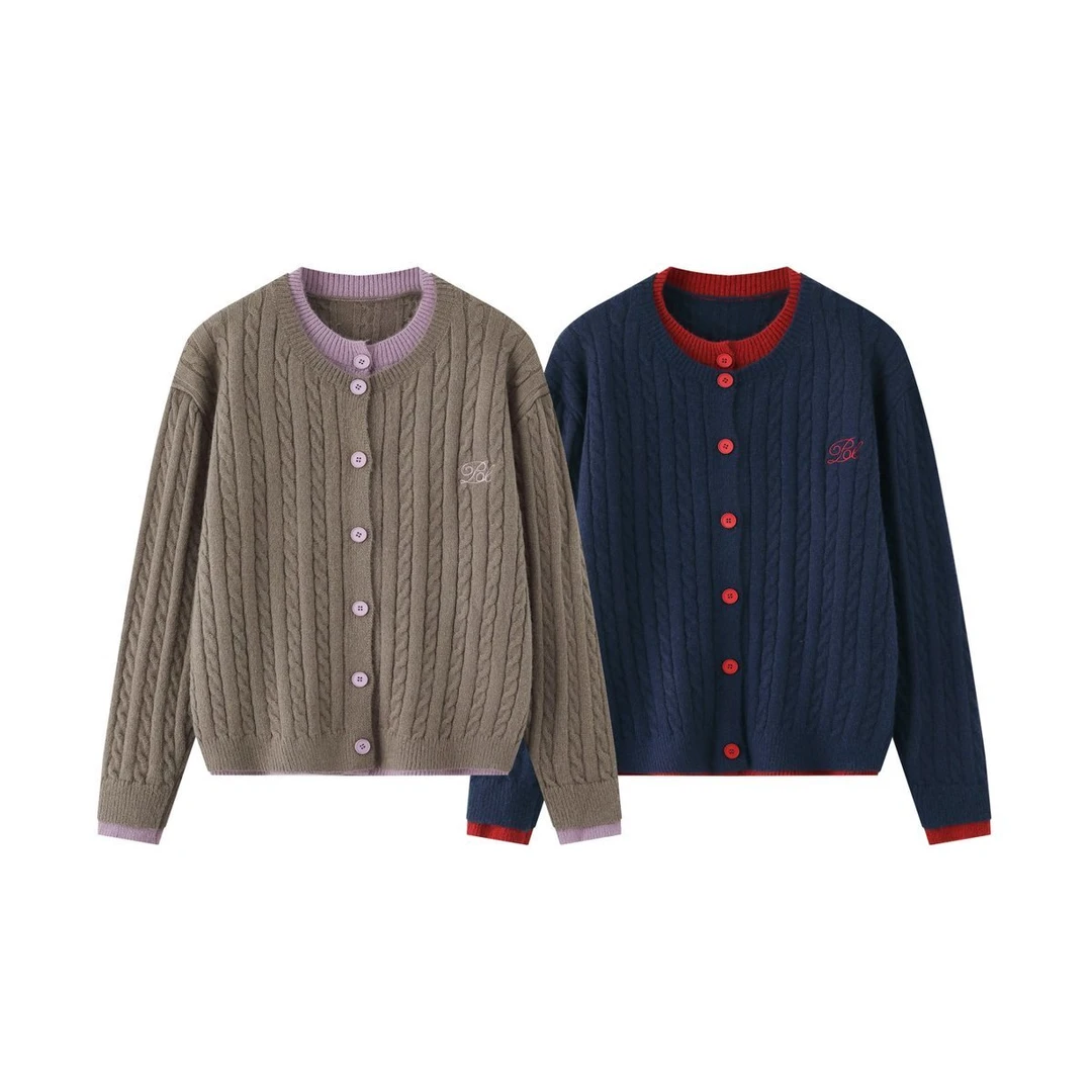 邦欧罗美式拼接假两件麻花开衫毛衣女宽松慵懒韩系叠穿针织外套