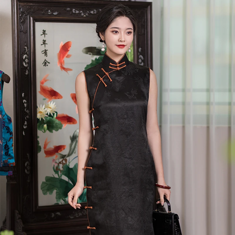 三重门云幽30姆米重缎香云纱复古提花修身旗袍日常夏季长款中国风