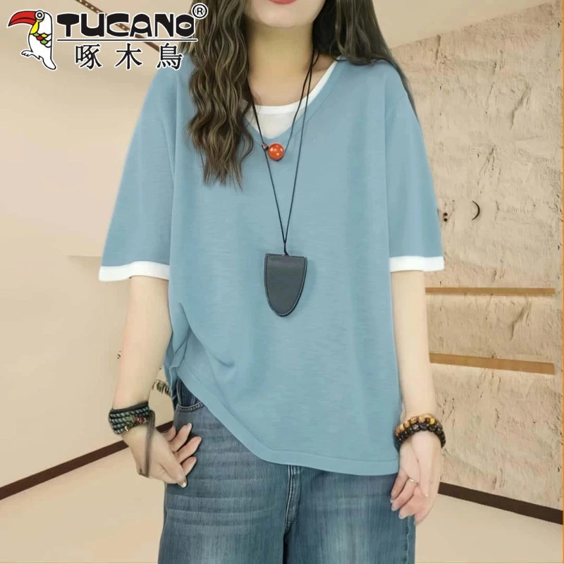 【啄木鸟】夏季宽松短袖假两件T恤女2025休闲百搭时尚宽松撞色V领薄