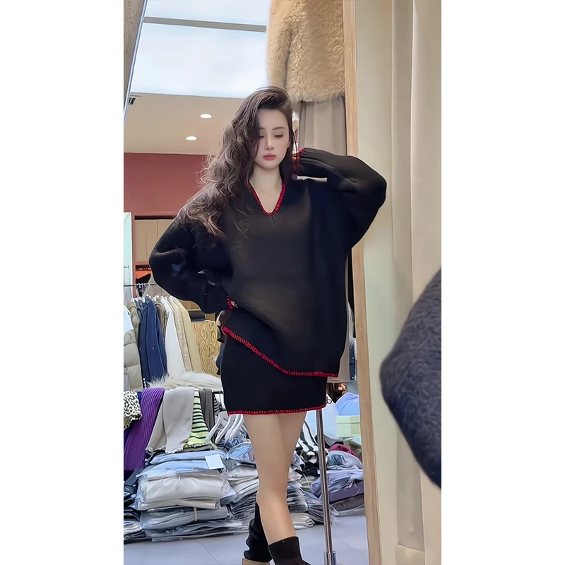 冬季穿搭一整套女装2025黑色V领慵懒风针织长袖上衣高腰显瘦短裙