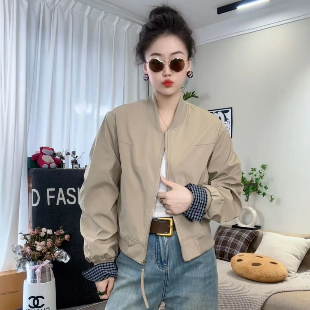 韩版短款格子挽袖拼接立领外套女2025春季新款宽松小个子夹克上衣