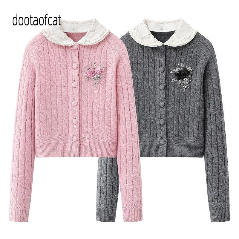 丝带长袖预小女娃娃领开衫2025针织新款上衣年冬LF25D51ZM108显