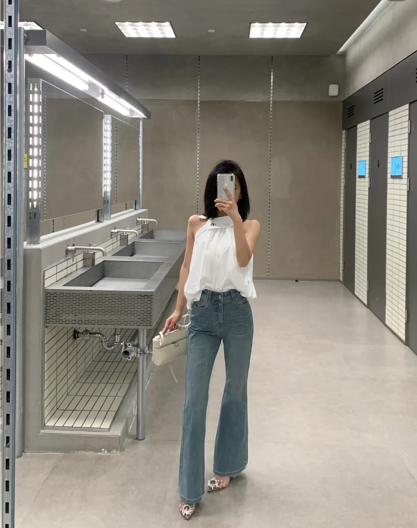 牛仔裤显瘦高腰直筒复古微喇长裤裤子8366