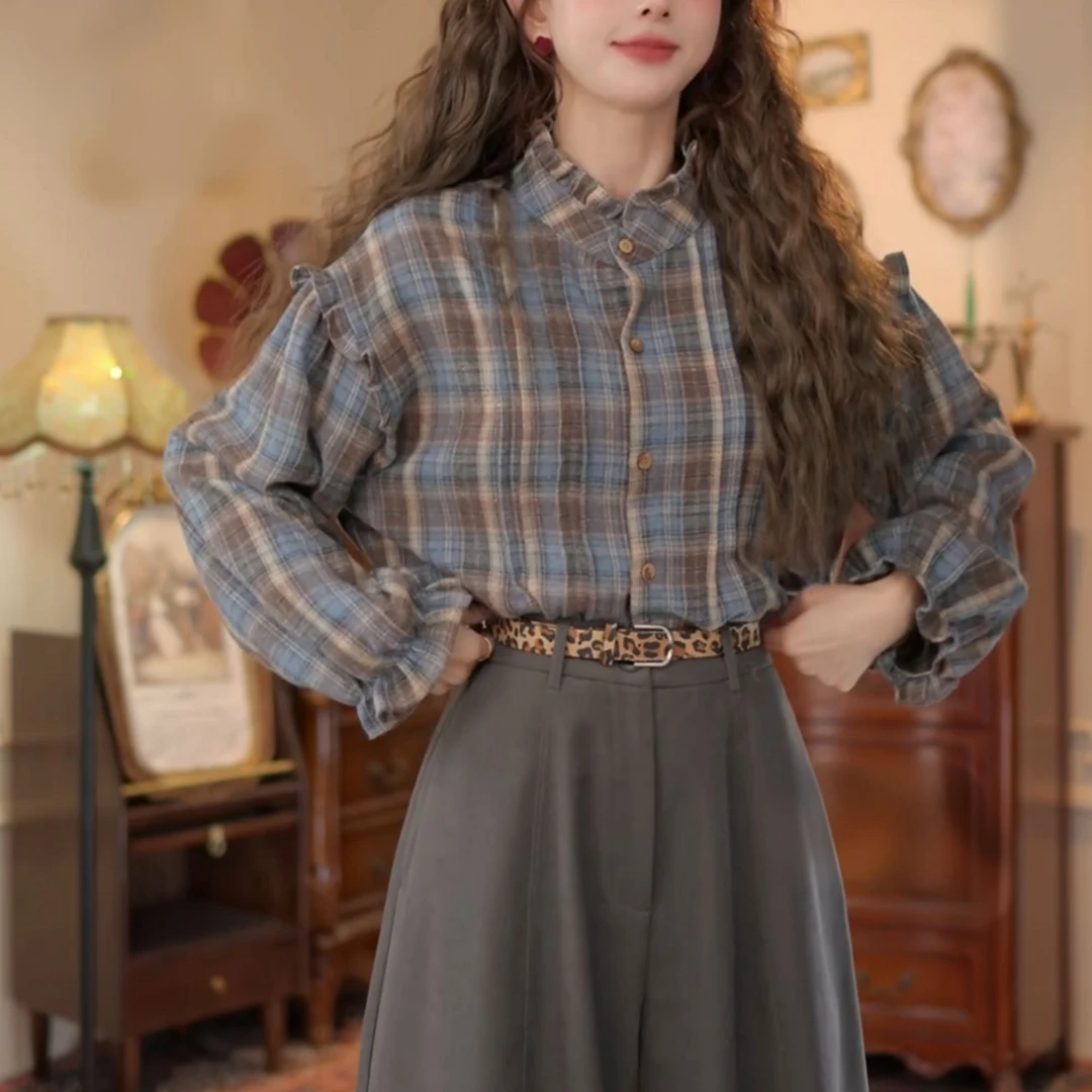 【​​蓝调爵士】2025秋冬港风复古格子休闲宽松衬衫上衣LK2507051