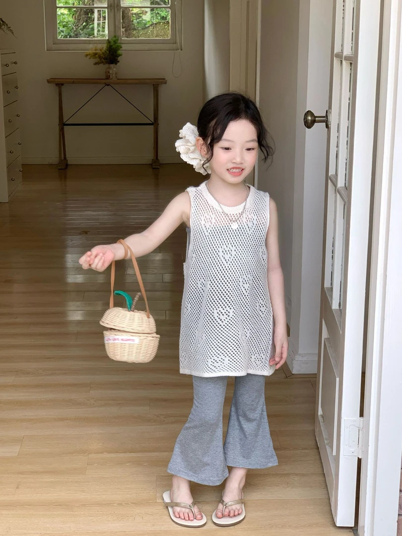 女童套装2025夏季韩版纯色背心吊带九分喇叭裤休闲风两件套 罩衫