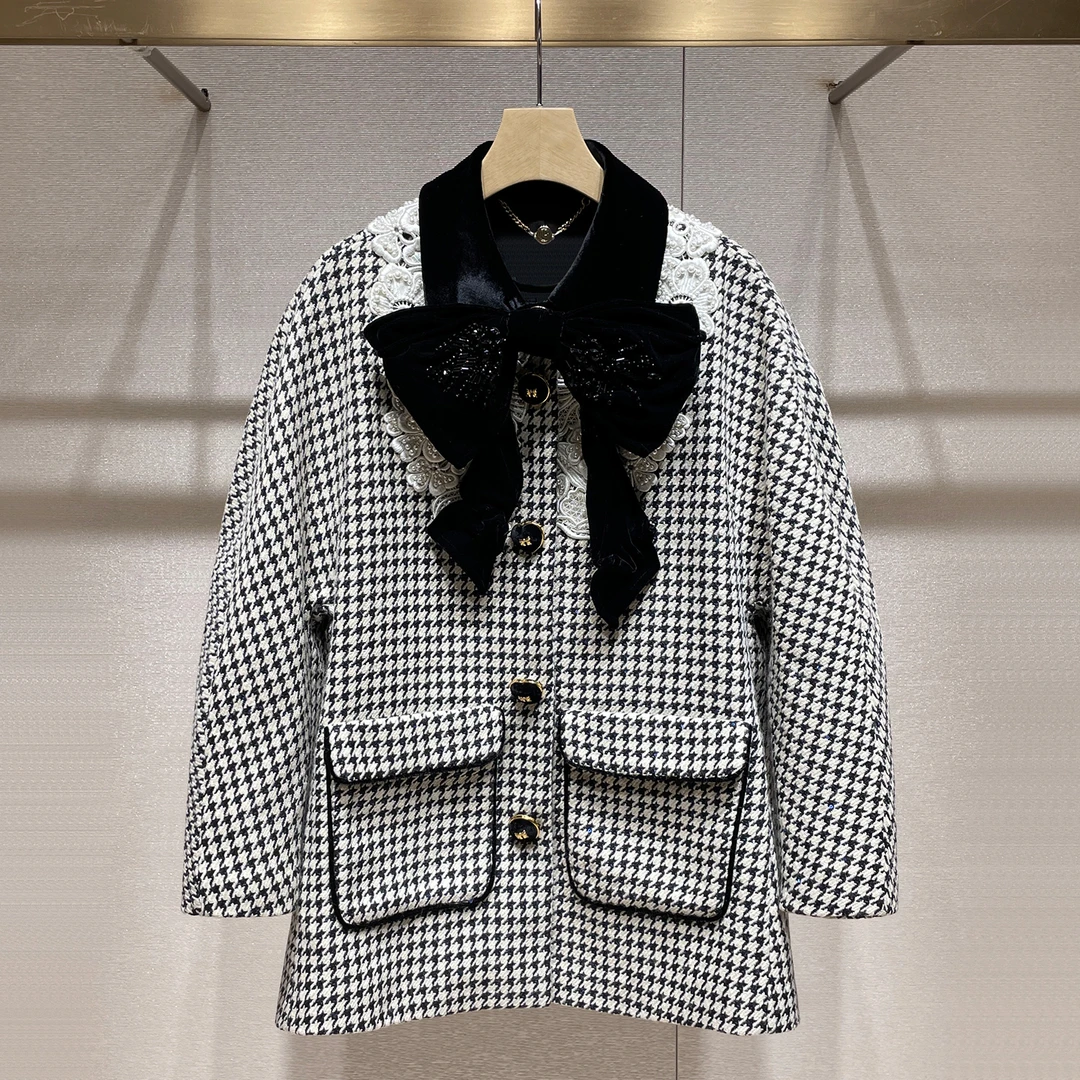 财阀千金千鸟格外套2025秋冬新款钉珠丝绒蝴蝶结千鸟格中长款大衣