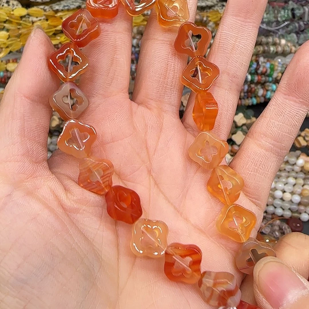 玛瑙/玉髓合金珠宝半成品红玛瑙四叶草12mm半条