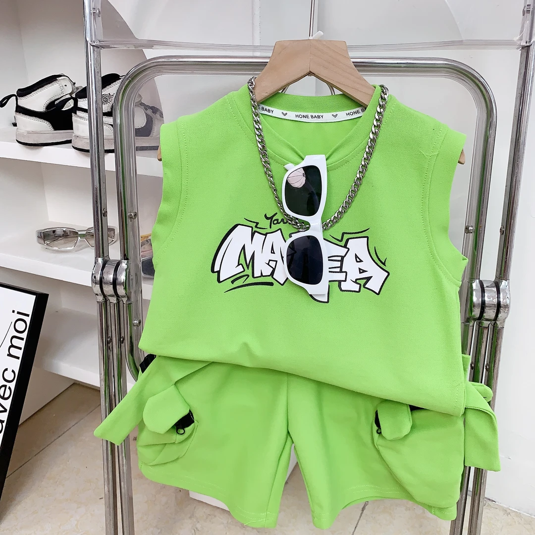 儿童夏款韩版潮酷背心套装男童帅气设计感无袖坎肩背心短裤时尚潮