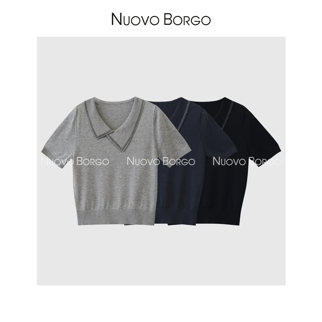 Nuovo Borgo 不规则翻领烫钻针织衫休闲短袖T恤宽松天丝上衣 0118