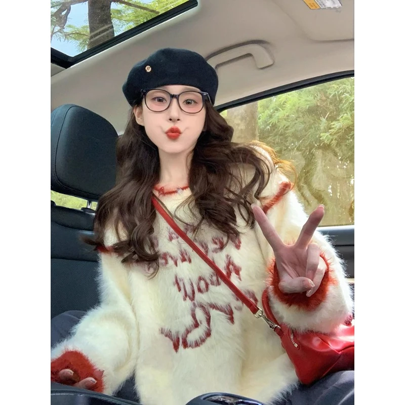 撞色仿貂绒毛毛衣女秋冬新款加厚美式字母慵懒风软糯复古针织衫
